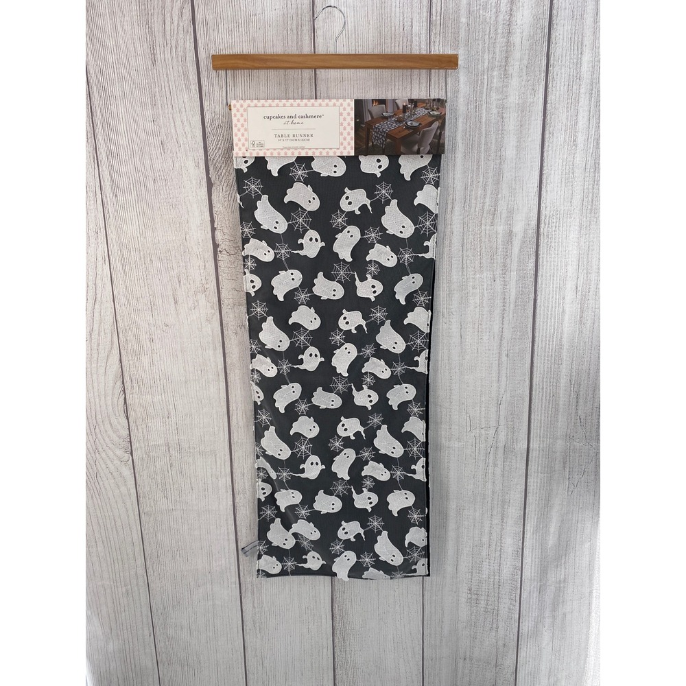Cupcakes and Cashmere Table Runner Halloween 14x72 Black Ghost Spiderweb Mesh